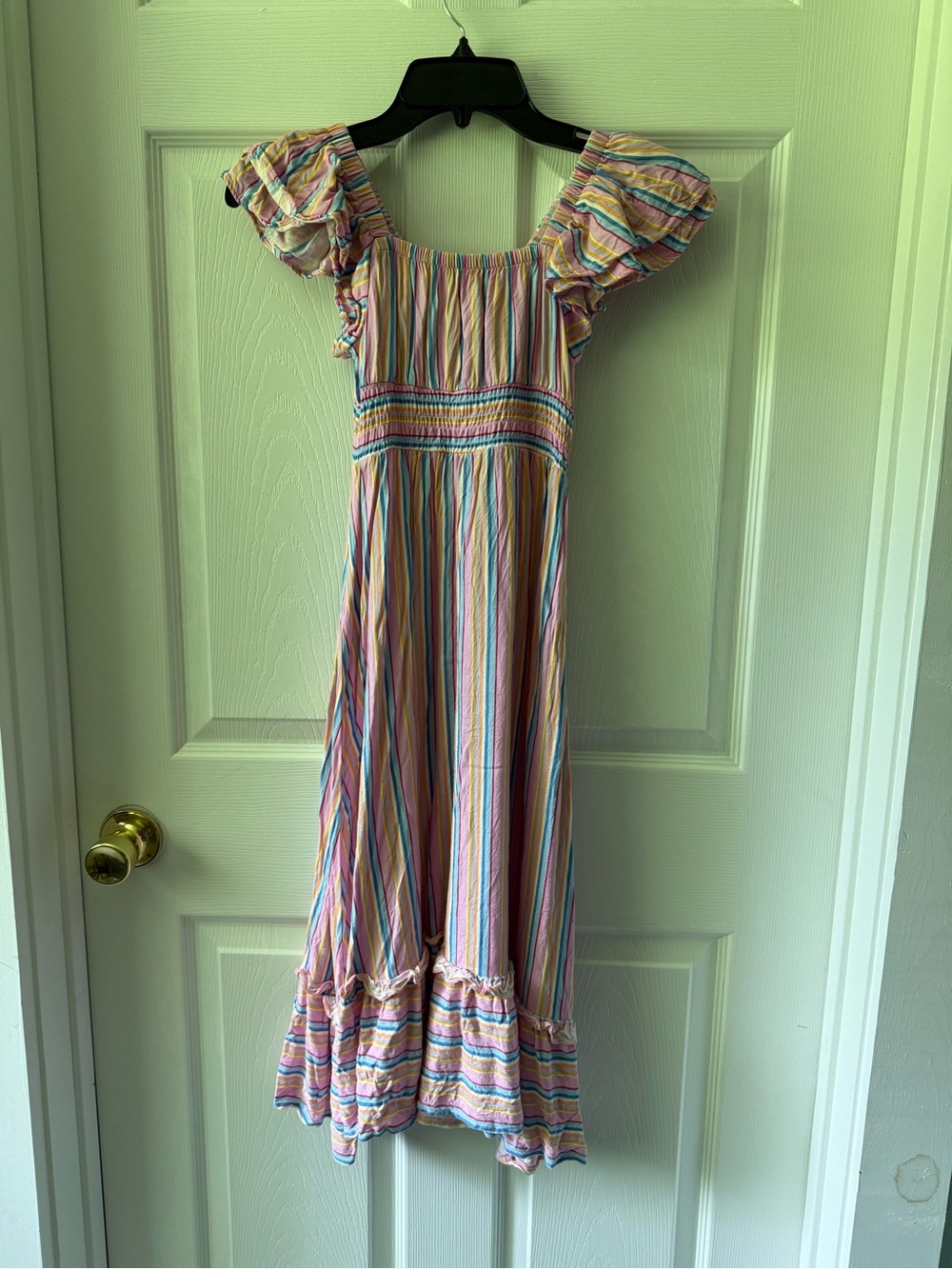 Jessica Simpson Pastel Rainbow Stripe Smocked Dress with Ruffle Hem